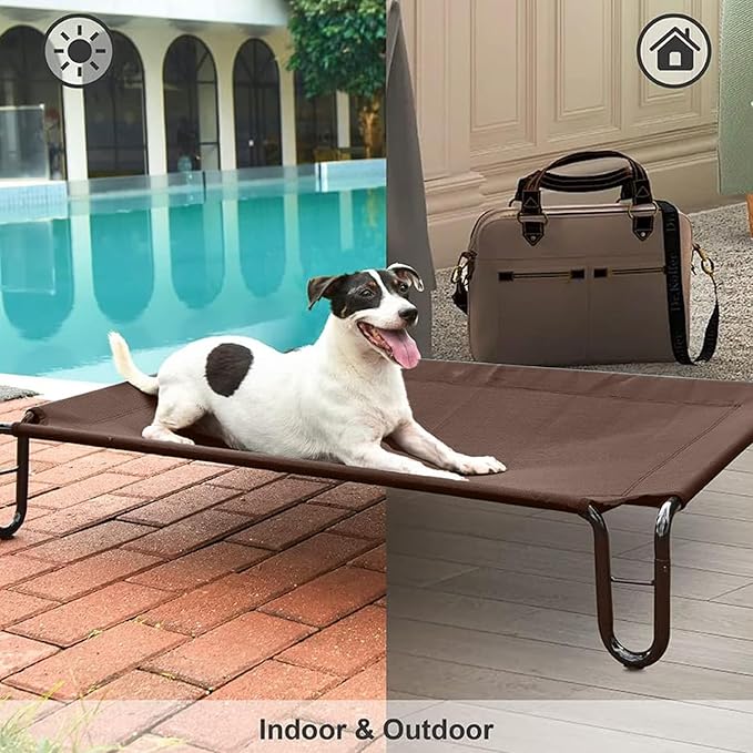 pettycare Elevated Outdoor Dog Bed - Raised Cots Beds for Small Dogs, Waterproof Pet Hommock Easy to Assemble, Cooling with Teslin Mesh, Durable, Non Slip, Indoor &amp; Outdoor, Up to 35 lbs, Brown