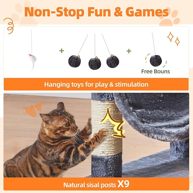 Taoqimiao Large Cat Tree，73-Inch Cat Tree Tower with 9 Scratching Posts for Indoor Cats, 2 Large Cat Condo with Hammock, Hanging Basket, 2 Extended Platform, Smoky Gray MS013XLG