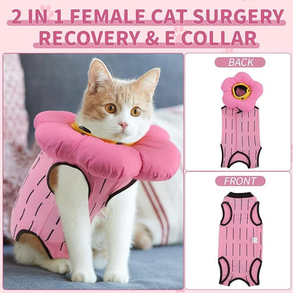 EMUST Cute Cat Recovery Suit &amp; Cone Collar Set - Soft, Adjustable Flower Collar for Female Kittens Under 4lb (Pink, S)