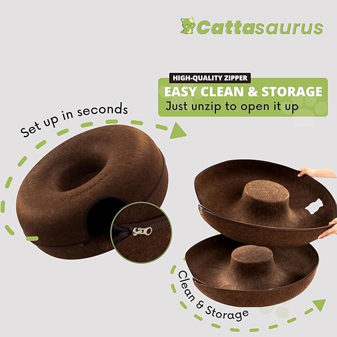 Cattasaurus Peekaboo Cat Cave for Multiple &amp; Large Cats Up to 30-45 Lbs, Scratch Detachable &amp; Washable Tunnel Bed, Comfy Donut Cat Cave (Brown, Jumbo)