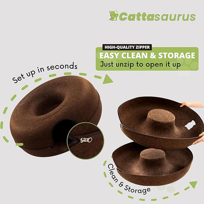 Cattasaurus Peekaboo Cat Cave for Multiple &amp; Large Cats Up to 30-45 Lbs, Scratch Detachable &amp; Washable Tunnel Bed, Comfy Donut Cat Cave (Brown, Jumbo)