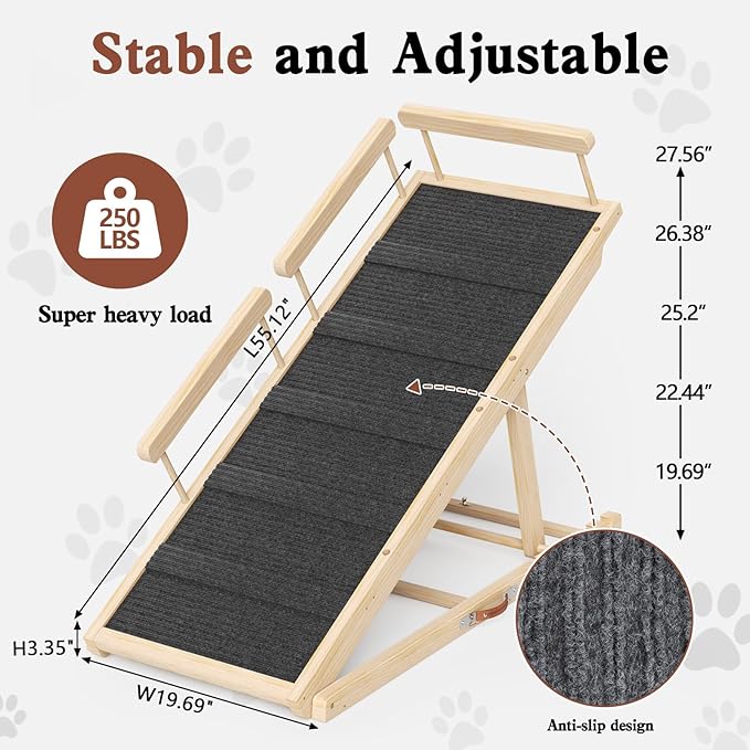Dog Ramp for High Bed, Couch, Car, Pet Ramps 55.12" Long Adjustable 19.7"-27.6" Wooden Dog Step with High Traction Mat &amp; Safety Side Rails for Small Medium Large Older Pets, up to 250 lbs