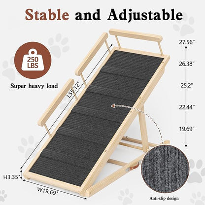 Dog Ramp for High Bed, Couch, Car, Pet Ramps 55.12" Long Adjustable 19.7"-27.6" Wooden Dog Step with High Traction Mat &amp; Safety Side Rails for Small Medium Large Older Pets, up to 250 lbs