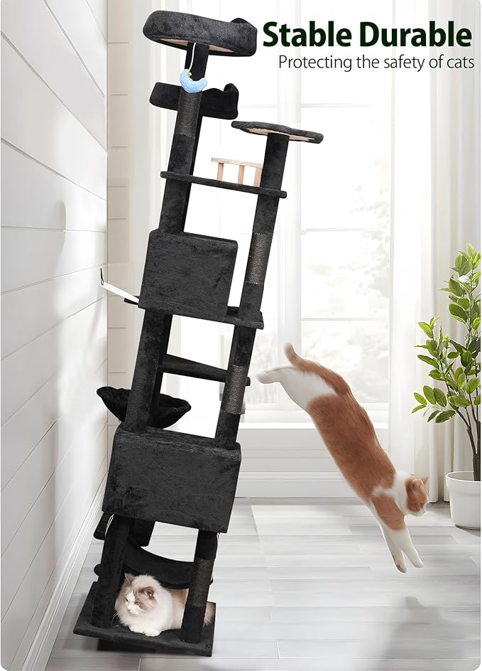 85inch Giant Cat Tree for Heavy Duty Big Cats, Multi-Level Luxury Cat Tower with Scratching Post, Cat Condo with Hammocks &amp; Plush Perches for Indoor Cats Large Adult, Black