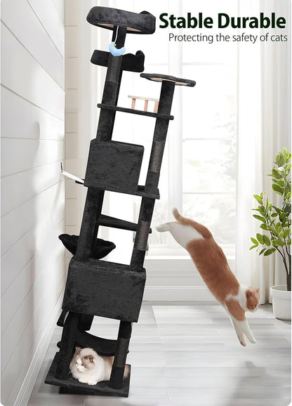 85inch Giant Cat Tree for Heavy Duty Big Cats, Multi-Level Luxury Cat Tower with Scratching Post, Cat Condo with Hammocks &amp; Plush Perches for Indoor Cats Large Adult, Black