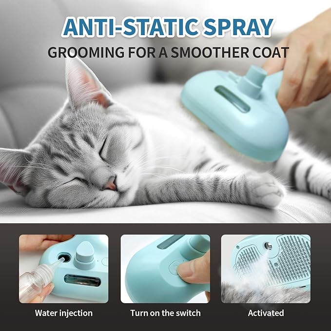Spray Cat Brush for Shedding, Static &amp; Tangled Hair - Self Cleaning, Long &amp; Short Hair Pets Grooming Brush (Blue)