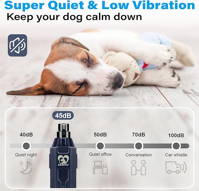 Casfuy 6-Speed Dog Nail Grinder - Newest Enhanced Pet Nail Grinder Super Quiet Rechargeable Electric Dog Nail Trimmer Painless Paws Grooming &amp; Smoothing Tool for Large Medium Small Dogs (Blue)