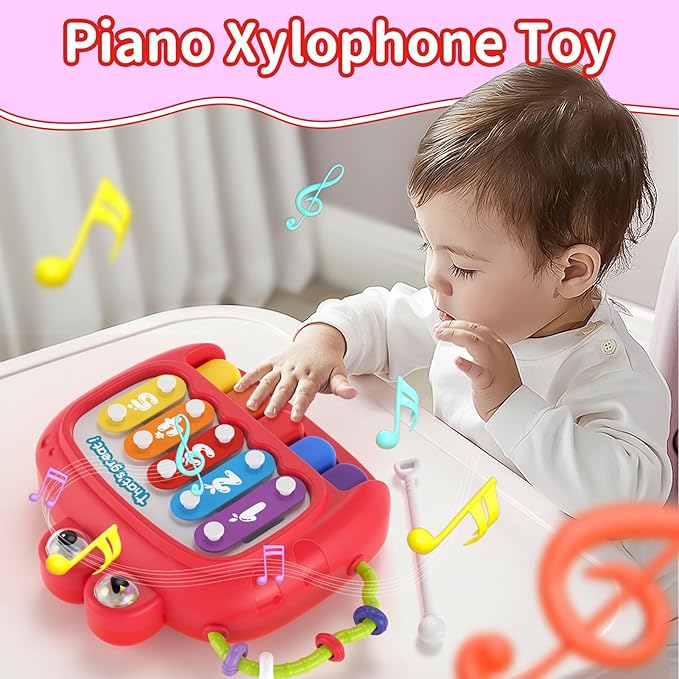 4 in 1 Baby Toy for 6 9 12 18 Month, Learning Toys for Babies 6-12 Months, Baby Busy Cube, Stacking Sorter, Pull String &amp; Piano Xylophone Travel Toy, Birthday Gift for 1 2 Year Old