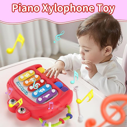 4 in 1 Baby Toy for 6 9 12 18 Month, Learning Toys for Babies 6-12 Months, Baby Busy Cube, Stacking Sorter, Pull String &amp; Piano Xylophone Travel Toy, Birthday Gift for 1 2 Year Old