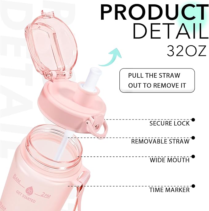 32oz Motivational Water Bottles with Time Marker &amp; Fruit Strainer, Transparent Gradient Color Water Bottle with Times to Drink, Leakproof &amp; BPA Free, Reusable Bottle with Strap (No Straw)