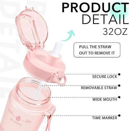32oz Motivational Water Bottles with Time Marker &amp; Fruit Strainer, Transparent Gradient Color Water Bottle with Times to Drink, Leakproof &amp; BPA Free, Reusable Bottle with Strap (No Straw)