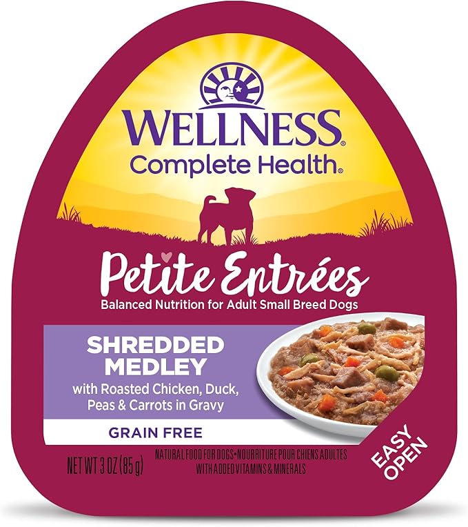 Wellness Petite Entrées Shredded Medley with Roasted Chicken, Duck, Peas &amp; Carrots, 3-Ounce Cup (Pack of 12)