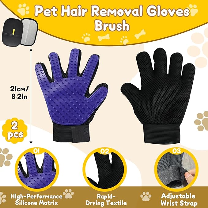 8 Pcs Pet Grooming Gloves for Shedding – 6x Reusable Cat &amp; Dog Hair Removal Gloves+ 1 Pair 2-in-1 Deshedding Brush &amp; Massage Mitt – Safe for Dogs &amp; Cats, Efficient (Blue)