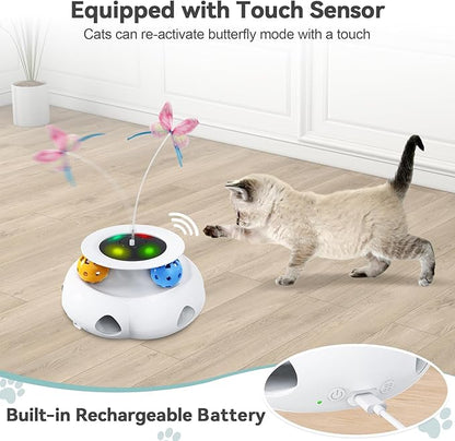 3in1 Interactive Cat Toys Moving Ambush Feather, Spinning Butterfly, Track Balls, Rechargeable Automatic Activated Kitten Toys for Indoor Cats, Cat Feather Toy for All Breeds