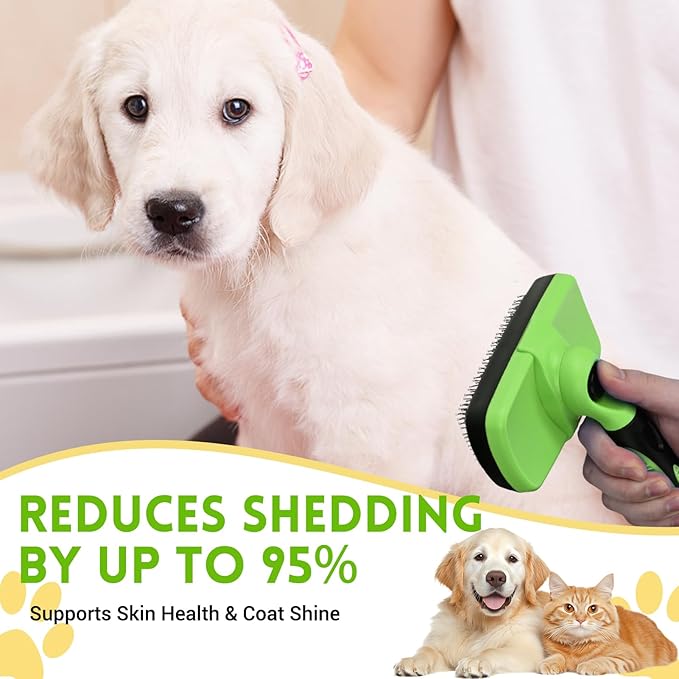 Large Self Cleaning Deshedding Brush for Dogs &amp; Cats - One Button Hair Release Grooming Tool, Gentle Massage Brush for Long and Short Hair (Green)