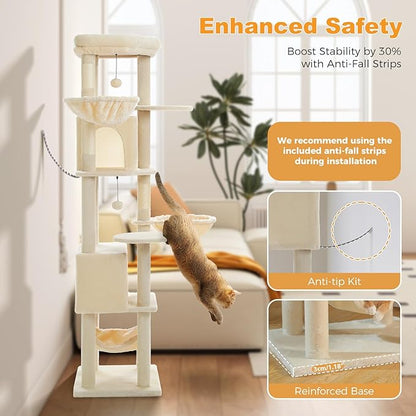 71.2" Tall Cat Tree for Indoor Cats - 9-Level Multi-Cat Tower w/5 Sisal Scratching Posts, 2 Condos, 3 Hammocks, Perch &amp; Pom Poms - Heavy-Duty for Adult Cats, Space-Saving Plush Beige