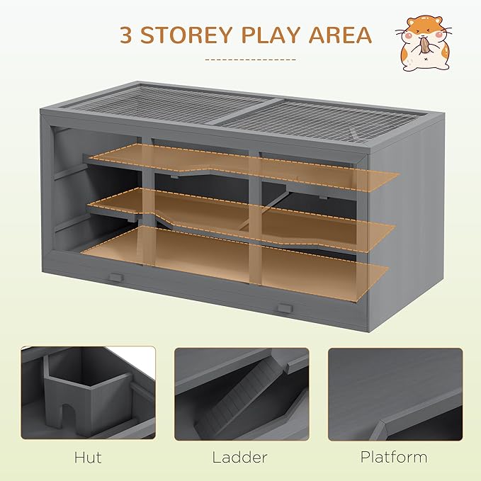 PawHut 45" Extra Large Wooden Hamster Cage, 3-Layer Chewproof Rat Cage with Opening Roof, Hut, Ramps, for Gerbil, Dwarf &amp; Syrian Hamsters, Gray