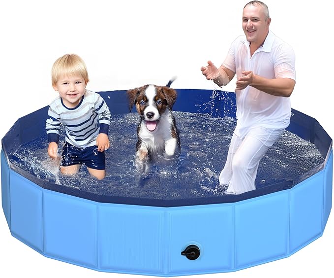 71" x 12" Foldable Dog Pool - Collapsible Hard Plastic Kiddie Pool for Dogs &amp; Kids, Non-Slip Pet Bath Tub for Outdoor Backyard Use, Lightweight &amp; Portable (Blue)
