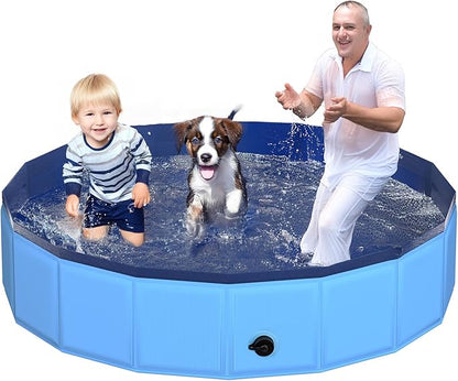 71" x 12" Foldable Dog Pool - Collapsible Hard Plastic Kiddie Pool for Dogs &amp; Kids, Non-Slip Pet Bath Tub for Outdoor Backyard Use, Lightweight &amp; Portable (Blue)