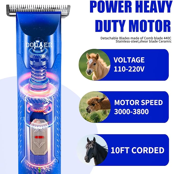 Professional Grooming Electric Corded 2-Speed Horse Clipper with Detachable Blade - Cool &amp; Quiet Running Design - Includes Size T84 Blade for Complete Horse Grooming - Blue