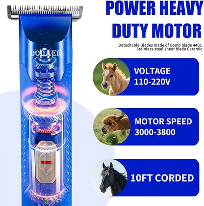 Professional Grooming Electric Corded 2-Speed Horse Clipper with Detachable Blade - Cool &amp; Quiet Running Design - Includes Size T84 Blade for Complete Horse Grooming - Blue