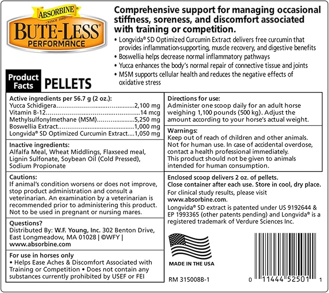 Absorbine Bute-Less Performance Advanced Formula Horse Supplement Pellets, Supports Healthy Inflammatory Response &amp; GI Tract, 3.75lb Tub / 30 Day Supply