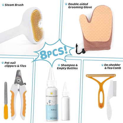 Pet Steam Brush for Dog &amp; Cat – 3-in-1 Spray Hair Removal Comb for Shedding &amp; Grooming Shedding Glove, Flea Comb, Couch Carpet Hair Removal Tool, Nail Toenail Clippers Nail File Shampoo-8PCS