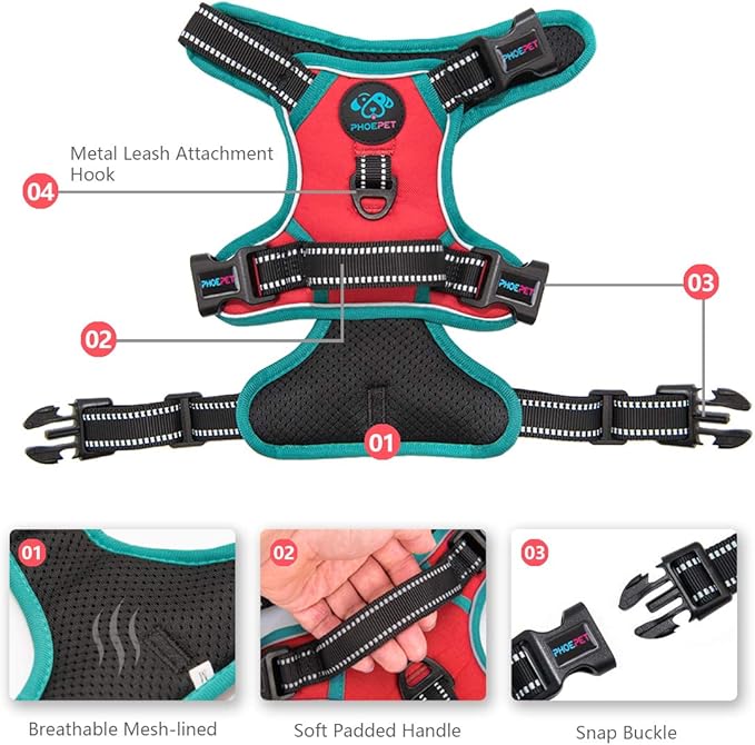 PHOEPET 2019 Reflective Dog Harness Large Breed Adjustable No Pull Vest with with Handle 2 Metal Rings 3 Buckles [Easy to Put on &amp; Take Off](L, Red)