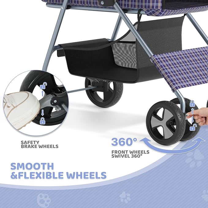 Magshion Foldable Pet Stroller, 3-in-1 Dog Travel Jogger with Detachable Carrier, Cup Holder, Storage Basket, Folding Carrier for Small/Medium Dogs &amp; Cats Up to 33 lbs, Plaid