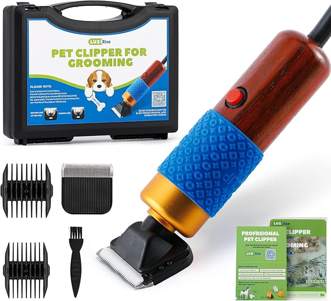 Pet Grooming Clippers 200W, Plug-in with 3m Power Cord &amp; Stepless Speed Control, Low Noise < 50db, Heavy-Duty Dog Hair Trimmer Kit with Extra Detachable Blade &amp; 2 Limit Combs of 4 Sizes