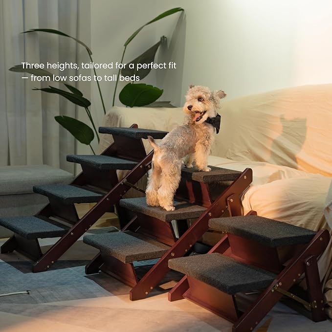 MEWANG Wooden Pet Stairs/Pet Steps - 3-in-1 Foldable Stairs &amp; Ramp for Beds and Cars - Portable Dog/Cat Ladder Up to 220 Pounds - Great for Small and Older Animals(Brown) (24.8" L x 17.2" W x 19.5" H)