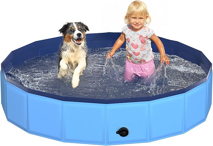 48" x 12" Foldable Dog Pool - Collapsible Hard Plastic Kiddie Pool for Dogs &amp; Kids, Non-Slip Pet Bath Tub for Outdoor Backyard Use, Lightweight &amp; Portable (Blue)