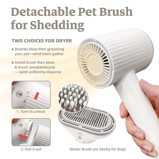 Dog Hair Dryer, Professional 2-in-1 Pet Hair Dryer &amp; Grooming Brush with Removable Comb, Adjustable Temperature/Speed, Portable Dryer for Dogs and Cats