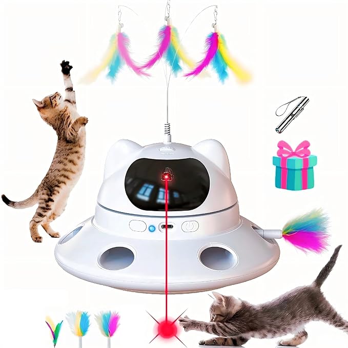 Cat Laser Toy,3-in-1Interactive Cat Toys Automatic Cat Toy with 360° Random Laser &amp; Interactive Feather - 5 Laser PatternsUSB Rechargeable Motion Activated Moving - Fun Toys for Indoor Cats &amp; Kittens