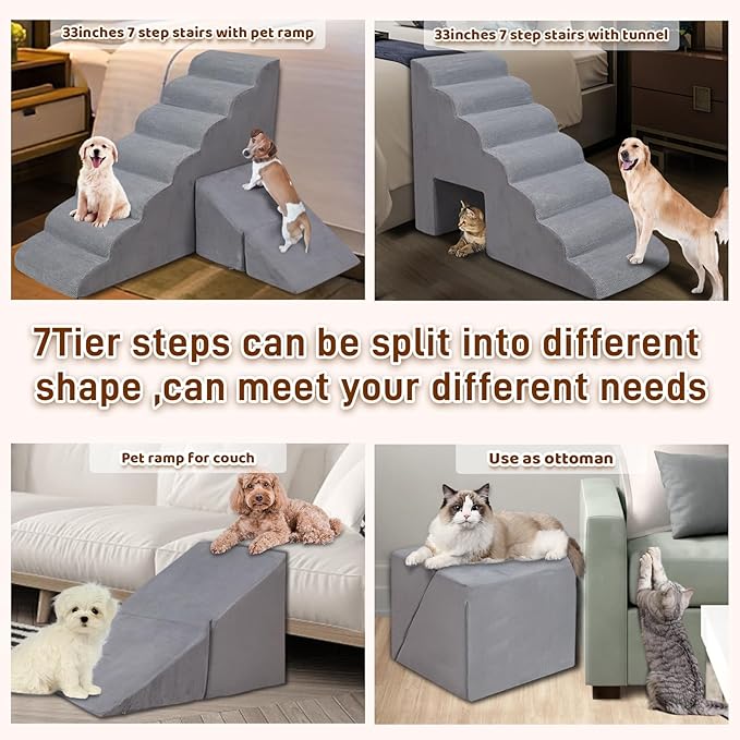 Dog Stairs &amp; Steps for High Beds 30-36 inches High Tall, LitaiL 33inch 7 Steps Pet Stairs/Steps for High Beds Small Large Dogs, Non-Slip Dog Ramps/Ladder for Old Dogs/Cats