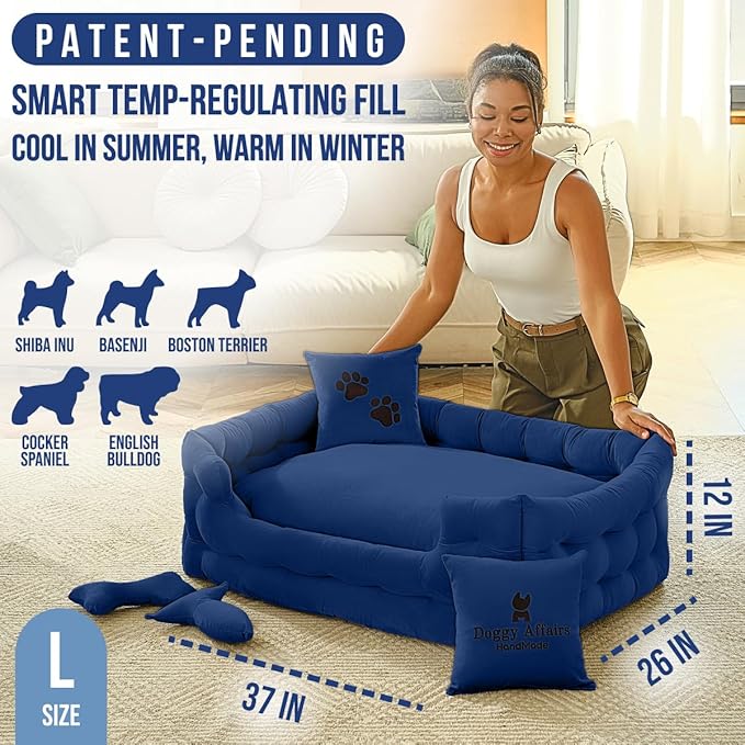 Luxury Dog Bed Chesterfield – Handcrafted Velvet Throne for Dogs | Joint Support, Calming &amp; Temp-Regulating Comfort | Durable 5+ Years, Anti-Claw, Washable 100+ Times – L, Blue