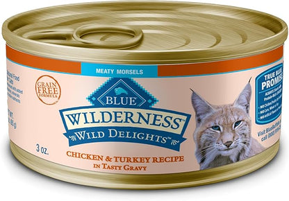 Blue Buffalo Wilderness Wild Delights Meaty Morsels Wet Cat Food, High-Protein &amp; Grain-Free, Made with Natural Ingredients, Chicken &amp; Turkey Recipe in Tasty Gravy, 3-oz. Cans (24 Count)