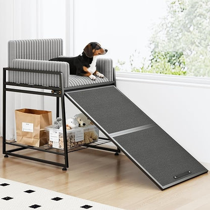 Pet Stairs Ramp with Seat,Dog Window Perch with Stairs and Storage,Dog Seat with Ramp Steps,Folding Pet Ramp for Dogs Cats,Bunk Bed Chair with Sofa Cushion for Bed Couch Office,Hold Up to 110 lbs