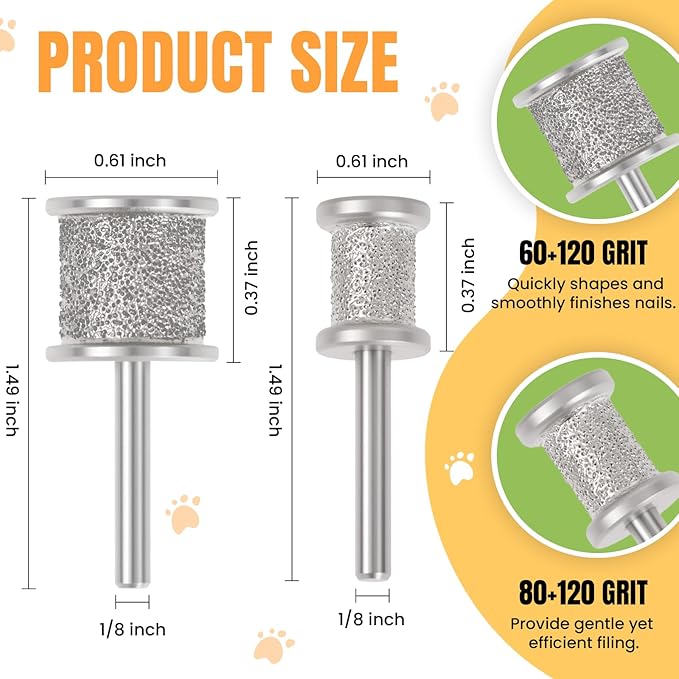 CAELUM 2Pack Diamond-Coated Pet Nail Grinder Bits, Dual Grit for Large &amp; Small Dogs, 1/8” Shank for Dremel Nail Tools, Low Noise, Durable Nail Trimmer for Dogs, Top &amp; Side Grinding