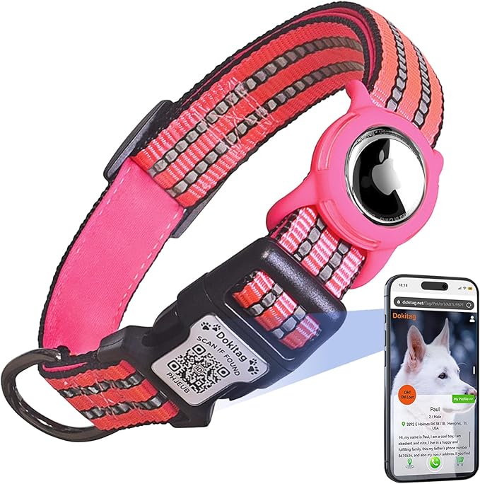Reflective Dog Collar with Apple AirTag Holder &amp; QR Code Pet ID Tag,Soft Nylon Adjustable Dog Tracker Collar with Safety Lock for Small Dogs (Rose Red, S)