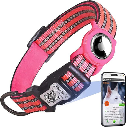 Reflective Dog Collar with Apple AirTag Holder &amp; QR Code Pet ID Tag,Soft Nylon Adjustable Dog Tracker Collar with Safety Lock for Small Dogs (Rose Red, S)