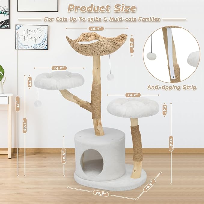 Modern Cat Tree Tower, Solid Wood Multi-Level w/ 2 Flower Perches, Scratching Post, Hanging Ball - Luxury Boho Cat Furniture w/Condo &amp; Wicker Basket for Indoor Cats