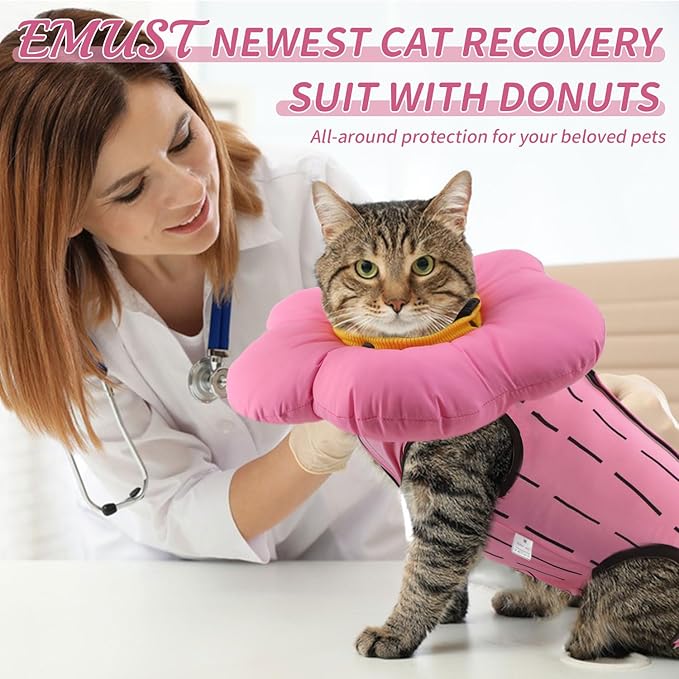 EMUST Cute Cat Recovery Suit &amp; Cone Collar Set - Soft, Adjustable Flower Collar for Female Kittens Under 4lb (Pink, S)
