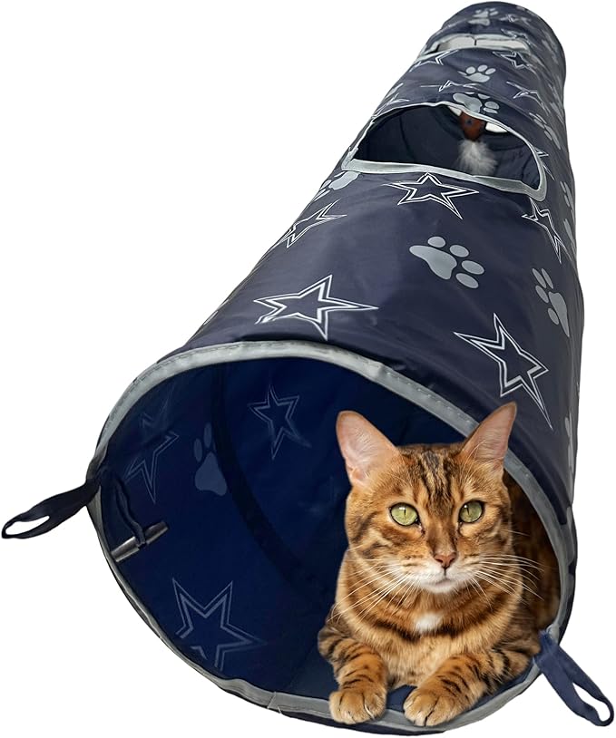 NFL Dallas Cowboys Cat Tunnel Tube Toy with Plush Football Catnip and Feathers Collapsible Tunnel for Cats to Play, Peek and Hide, Sporty &amp; Fun Cat Tunnel Toy with Team Logo All-Over Design!