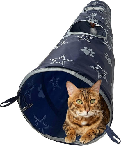 NFL Dallas Cowboys Cat Tunnel Tube Toy with Plush Football Catnip and Feathers Collapsible Tunnel for Cats to Play, Peek and Hide, Sporty &amp; Fun Cat Tunnel Toy with Team Logo All-Over Design!
