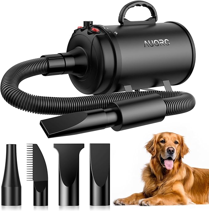 Dog Dryer, 5.2HP/3800W High Velocity Dog Hair Dryer with 4 Nozzles, Stepless Adjustable Speed &amp; Temperature Control, Low Noise Professional Dog Grooming Dryer (Black)