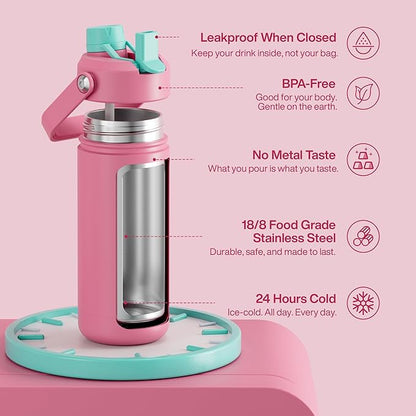 Insulated Water Bottle with Straw Stainless Steel Water Bottle, Leak-Proof, BPA-Free, Double Wall Vacuum Keeps Cold for 24 Hours for Sports, Travel, School (18 oz, Tulip)