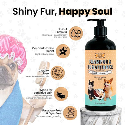 POM Pets 2-in-1 Organic Dog Shampoo &amp; Conditioner – Itchy Skin Relief, Dog Deshedding, Detangles Fur, Cat Shampoo, Paw Cleaner for Dogs, Natural Coat Defense Formula