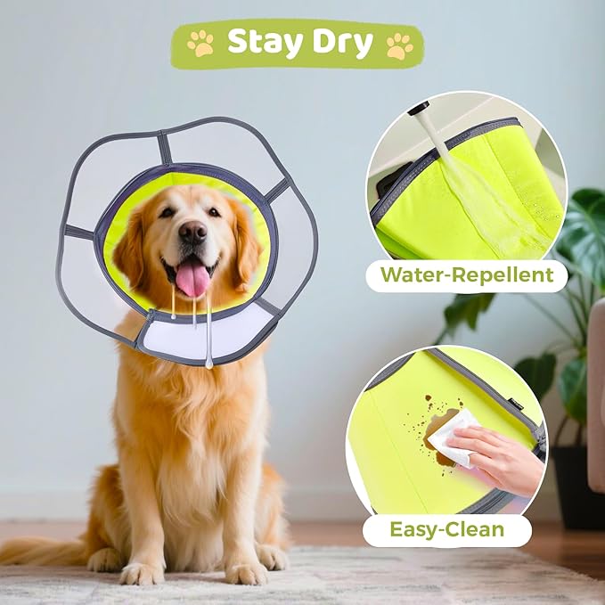 Soft Dog Cone Collar After Surgery Recovery,Adjustable E-Collar with Removable Shield,Lightweight,Breathable Anti-Licking Protective Cone for Large,Medium,Small Pets (Neon Green, L (Neck:15.5&