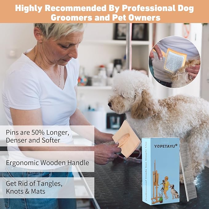 Dog Slicker Brush for Shedding and Grooming Medium or Long Haired Cats, Extra Long &amp; Soft Pin Slicker Brush for Removes Loose Hair, Tangles, Knots, Undercoat, Free Pet Comb, Large, Oak